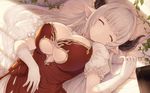  alicia_(granblue_fantasy) bangs blunt_bangs breasts cait cleavage closed_eyes draph dress earrings gloves granblue_fantasy highres horns jewelry large_breasts long_hair lying on_back pointy_ears puffy_short_sleeves puffy_sleeves red_dress short_sleeves silver_hair sleeping solo very_long_hair white_gloves 