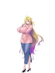  1girl aoi_nagisa_(artist) aoi_nagisa_(metalder) arms_behind_back bangs blonde_hair blush breast_hold breasts elf erect_nipples eyebrows_visible_through_hair finger_to_mouth full_body gradient_hair hair_over_one_eye high_heels highres huge_breasts long_hair long_skirt looking_at_viewer misery_stentrem multicolored_hair open_mouth pointy_ears purple_hair red_eyes simple_background skirt smile solo standing sweater very_long_hair youkoso!_sukebe_elf_no_mori_he 
