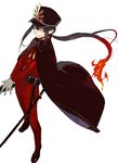  black_cape black_hair cape fate/grand_order fate_(series) full_body hat long_hair looking_at_viewer male_focus military military_uniform oda_nobukatsu_(fate/grand_order) pako ponytail red_eyes shako_cap sidelocks simple_background smile solo sword uniform weapon white_background 