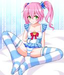  1girl bed blush character_request copyright_request feet feet_together gloves green_eyes neko_totora no_shoes panties pink_hair sitting smile solo spread_legs striped striped_legwear striped_panties thighhighs toes twintails underwear 