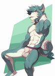  2017 abs abstract_background anthro biceps biped black_nose bulge canine clothed clothing collar countershade_torso countershading digital_media_(artwork) dog front_view fur green_eyes green_fur green_hair green_tail grenodle hair hi_res jockstrap male mammal multicolored_fur multicolored_tail muscular muscular_male patto pecs ribbons shiba_inu short_hair signature sitting smile solo tail_bow tail_ribbon topless two_tone_fur two_tone_tail underwear white_countershading white_fur white_tail 