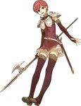  armor bangs belt boots breastplate dress elbow_gloves est fire_emblem fire_emblem:_monshou_no_nazo fire_emblem_echoes:_mou_hitori_no_eiyuuou fire_emblem_gaiden full_body gloves headband hidari_(left_side) holding holding_weapon looking_at_viewer open_mouth pauldrons polearm red_eyes red_hair short_dress short_hair shoulder_armor smile thigh_boots thighhighs transparent_background weapon zettai_ryouiki 