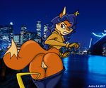  angry anthro antira brown_eyes butt canine carmelita_fox city city_background ear_piercing fox looking_back mammal night piercing pussy sly_cooper_(series) surprise video_games 