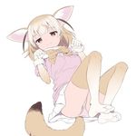  animal_ears ass blonde_hair blush cnm commentary feet fennec_(kemono_friends) fox_ears fox_tail full_body kemono_friends looking_at_viewer lying on_back panties pink_panties pink_sweater pleated_skirt short_hair short_sleeve_sweater simple_background skirt solo sweater tail thighhighs underwear white_background 