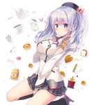  beret blue_eyes bread breasts covering covering_crotch cream creamer_(vessel) croissant cup epaulettes food hand_on_own_chest hat kantai_collection kashima_(kantai_collection) large_breasts long_hair looking_at_viewer macaron military military_uniform miniskirt pancake pleated_skirt sandwich silver_hair skirt smile solo spoon takei_ooki teacup teapot tsurime twintails uniform waffle wavy_hair 