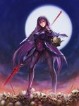  armor bodysuit commentary_request fate/grand_order fate_(series) field_of_blades full_body full_moon gae_bolg highres holding holding_weapon long_hair moon pauldrons planted_weapon polearm purple_bodysuit purple_hair red_eyes scathach_(fate)_(all) scathach_(fate/grand_order) shoulder_armor skull solo spear ushas veil weapon 