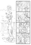  2girls 4koma antenna_hair bbb_(friskuser) bird_tail camisole closed_eyes clothes_on_floor coat coat_removed comic commentary eurasian_eagle_owl_(kemono_friends) feather-trimmed_sleeves feather_trim greyscale head_wings highres kemono_friends long_sleeves md5_mismatch monochrome multiple_girls northern_white-faced_owl_(kemono_friends) open_mouth outdoors outstretched_arms river self_hug spoken_exclamation_mark spread_arms spread_wings surprised tearing_up translated tree trembling undressing wavy_mouth 