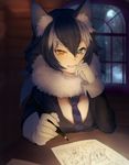  !! 1girl :d :i ancolatte_(onikuanco) animal_ears black_hair black_jacket blazer blue_eyes bow bowtie breasts cleavage d: dark dot_nose drawing eating elbow_gloves eyebrows eyebrows_visible_through_hair eyelashes fangs food food_on_face fur_collar gloves grey_wolf_(kemono_friends) hair_between_eyes hand_on_own_chin hat hatching_(texture) helmet heterochromia highres holding holding_food holding_pencil indoors jacket japari_bun kaban_(kemono_friends) kemono_friends large_breasts long_hair long_sleeves looking_at_another looking_at_viewer manga_(object) mangaka multicolored_hair necktie night open_mouth paper pencil pith_helmet plaid plaid_neckwear serval_(kemono_friends) serval_ears shaded_face shadow shirt short_hair sitting sleeve_cuffs sleeveless sleeveless_shirt smile snow snowing solo spoken_exclamation_mark table tareme tsurime upper_body v-shaped_eyebrows wavy_mouth white_gloves white_hair window wolf_ears yellow_eyes 