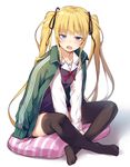  alexmaster black_legwear blonde_hair blue_eyes blush d: fang hair_ribbon highres indian_style jacket jacket_on_shoulders long_hair looking_at_viewer no_shoes open_mouth ribbon saenai_heroine_no_sodatekata sawamura_spencer_eriri school_uniform serafuku sitting solo sweater_vest thighhighs track_jacket twintails v-shaped_eyebrows white_background 