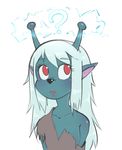  ? alien antennae anthro big_eyes black_nose blue_skin clothing electricity emoji_(race) erohua eyebrows eyelashes female hair long_hair looking_away open_mouth red_eyes samurai_jack simple_background torn_clothing torn_topwear white_hair 