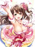  breasts brown_eyes brown_hair cleavage commentary_request dress gloves idolmaster idolmaster_cinderella_girls idolmaster_cinderella_girls_starlight_stage kurimomo large_breasts long_hair one_eye_closed one_side_up open_mouth shimamura_uzuki smile solo v white_gloves 