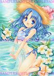  1girl bikini blue_bikini blue_eyes blue_hair blush flower hat heartcatch_precure! innertube kneeling kurumi_erika long_hair looking_at_viewer lowres pemoko precure sandals side-tie_bikini smile solo straw_hat striped_bikini striped_swimsuit swimsuit water 