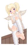  1girl :d artist_request barefoot blonde_hair cat_bell character_request collar copyright_request crossed_arms fang feet horns looking_down open_mouth purple_eyes scales short_twintails simple_background soles solo toes twintails white_background wings 