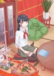  bangs bean_bag_chair black_legwear blunt_bangs blurry_foreground book bookshelf brown_eyes green_skirt hand_on_lap highres indoors kobuchizawa_shirase long_hair looking_at_viewer model_ship parted_lips pillow plant potted_plant red_neckwear school_uniform shirt sitting skirt sora_yori_mo_tooi_basho table tatami thighhighs tsukune_(seseri) very_long_hair wariza white_shirt 