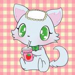  beverage blue_fur blush bow canine checkered_background chest_tuft chihuahua dog eyelashes female feral food frilly_cap fruit fur green_eyes jewelpet mammal milky_(jewelpet) pattern_background pink_fur sanrio simple_background sitting solo straw strawberry tuft えむけー 