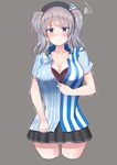  3: absurdres alternate_costume bangs beret black_skirt blue_eyes blue_shirt blush bra breasts cleavage closed_mouth collarbone commentary_request cropped_legs eyebrows_visible_through_hair grey_background grey_hair hat highres kanase_(mcbrwn18) kantai_collection kashima_(kantai_collection) lace lace-trimmed_bra large_breasts lawson miniskirt partially_unbuttoned pleated_skirt shirt simple_background skirt solo squiggle striped striped_shirt sweatdrop trembling twintails unbuttoned unbuttoned_shirt underwear vertical-striped_shirt vertical_stripes wavy_hair 