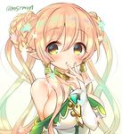  blonde_hair blush braid braided_bun breasts brooch double_bun dress freyja_(p&amp;d) gradient gradient_background gradient_hair green_eyes green_hair hair_tubes jewelry large_breasts long_hair marshmallow_mille multicolored_hair necklace open_mouth pointy_ears puzzle_&amp;_dragons solo twitter_username yellow_background 