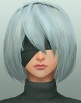 bad_id bad_pixiv_id bangs black_blindfold black_hairband blindfold closed_mouth covered_eyes facing_viewer fateline_alpha grey_background grey_hair hairband highres lips mole mole_under_mouth nier_(series) nier_automata nose pink_lips portrait short_hair simple_background solo turtleneck yorha_no._2_type_b 