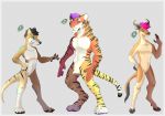  2017 3_fingers 4_toes 5_fingers achromatic alcelaphine antelope anthro athletic biped black_fur black_hair black_nose black_pawpads black_stripes black_tail blue_eyes blue_fur blue_markings blue_stripes border bovid brown_fur brown_stripes brown_tail bubal_hartebeest cheek_tuft claws cloven_hooves collarbone countershade_arms countershade_face countershade_legs countershade_torso countershading crotch_tuft curved_horn dasyuromorph digital_drawing_(artwork) digital_media_(artwork) digitigrade ear_piercing ear_ring eye_markings eyebrows facial_markings facial_piercing fangs featureless_crotch felid frown full-length_portrait fur fur_tuft grey_background grey_border grey_hooves grey_horn grey_markings group hair hand_on_hip handpaw hartebeest hatching_(technique) hindpaw hooved_fingers hooves horn inner_ear_fluff javan_tiger leg_tuft lighting lip_piercing long_tail looking_at_another looking_up male mammal markings marsupial multicolored_fur multicolored_tail muscular muscular_male nude number orange_eyes orange_fur outside_border pantherine pattern_background pawpads paws pecs piercing pink_hair pink_nose pirple_hair portrait pose purple_eyes purple_pawpads ridged_horn shadow short_hair simple_background size_difference smile snakebite_piercing snout socks_(marking) standing striped_background striped_fur striped_tail stripes tail_tuft tan_countershading tan_fur thylacine tiger tiger_stripes toe_claws toes tuft two_tone_fur two_tone_tail whisker_spots whiskers white_countershading white_fur white_markings white_tail yellow_fur yellow_tail 