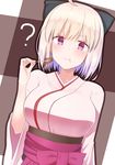  :t ? ahoge black_bow blonde_hair blush bow breasts chocolate closed_mouth commentary_request dutch_angle fate_(series) food food_on_face hair_bow hakama hand_up highres holding holding_food japanese_clothes kanase_(mcbrwn18) kimono koha-ace large_breasts okita_souji_(fate) okita_souji_(fate)_(all) pink_kimono purple_eyes purple_skirt skewer skirt smile solo 