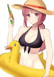  bangs bikini bird black_bikini breasts commentary_request duck eyebrows_visible_through_hair fate/grand_order fate_(series) florence_nightingale_(fate/grand_order) front-tie_bikini front-tie_top halter_top halterneck hips innertube kanase_(mcbrwn18) long_hair looking_at_viewer low_ponytail medium_breasts navel parted_lips pink_eyes pink_hair ponytail simple_background solo swimsuit upper_body water_gun white_background 