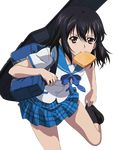  adjusting_clothes adjusting_shoe bag black_hair black_legwear blue_skirt brown_eyes collarbone food food_in_mouth guitar_case hair_between_eyes himeragi_yukina holding instrument_case late_for_school leg_up long_hair looking_at_viewer miniskirt mouth_hold pleated_skirt saikai_academy_uniform school_bag school_uniform serafuku shirt short_sleeves skirt socks solo standing strike_the_blood toast toast_in_mouth transparent_background white_shirt 