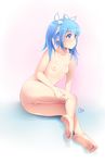  1girl ankles artist_request ass barefoot blue_eyes blue_hair bow breasts character_request copyright_request feet flat_chest full_body gradient gradient_background hair_bow long_hair nipples nude pointy_ears pussy shadow small_breasts soles solo toes uncensored white_bow 