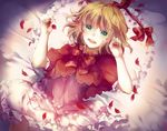  blonde_hair bow capelet crying crying_with_eyes_open dress fleta_(pocket_mirror) green_eyes highres kirame_kirai looking_at_viewer official_art open_mouth petals pocket_mirror red_bow short_hair short_sleeves solo tears 