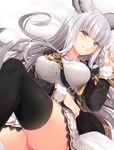  animal_ears bangs between_breasts black_legwear blue_eyes blush breasts commentary_request erune eyebrows_visible_through_hair granblue_fantasy grin hand_up highres jiiwara korwa long_hair long_sleeves looking_at_viewer lying medium_breasts on_back parted_lips school_uniform silver_hair smile solo strap_cleavage thighhighs thighs 