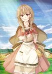  belt_pouch black_ribbon blonde_hair blush bracelet braid brown_eyes cloak commentary_request dress effie_(fire_emblem) fire_emblem fire_emblem_echoes:_mou_hitori_no_eiyuuou flower fuussu_(21-kazin) hair_between_eyes jewelry long_hair pouch red_ribbon ribbon skirt smile solo twin_braids 