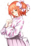  ahoge blush fate/grand_order fate_(series) fujimaru_ritsuka_(female) hair_ribbon hakama_skirt half-closed_eyes hands_up hatakenaka_(kamagabuchi) japanese_clothes open_mouth orange_eyes orange_hair ribbon short_hair side_ponytail simple_background smile smirk solo white_background 