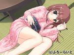  1girl artist_request barefoot black_eyes blush brown_hair character_request copyright_request feet japanese_clothes long_hair looking_at_viewer lying on_floor on_side smile solo table tatami text wooden_table 