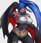  belt black_cape blue_hair breasts brooch cape commentary_request corset cyborg dark_skin eyebrows_visible_through_hair eyepatch fake_wings fangs foxbat_(hutago) gloves glowing glowing_eyes grin hairband halloween_costume headgear holding_cape hutago jewelry large_breasts long_hair midriff multicolored multicolored_cape multicolored_clothes muscle muscular_female navel one-eyed open_mouth original pants ponytail red_cape red_eyes sidelocks smile solo teeth tongue vampire wings 