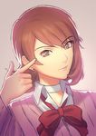  brown_eyes brown_hair choker earrings fateline_alpha grey_background highres jewelry light_smile persona persona_3 pointing pointing_at_self short_hair solo takeba_yukari 
