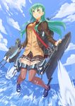  aqua_eyes aqua_hair brown_legwear cannon cardigan cloud day flight_deck fujimo_ruru highres kantai_collection long_hair machinery remodel_(kantai_collection) school_uniform solo suzuya_(kantai_collection) teeth turret water 