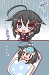  black_hair check_commentary chibi commentary commentary_request fever hair_ornament ice kantai_collection komakoma_(magicaltale) long_hair open_mouth pillow rain remodel_(kantai_collection) school_uniform serafuku shigure_(kantai_collection) smile translated 
