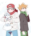  alolan_form alolan_vulpix blush brown_eyes brown_hair coat denim green_scarf jeans male_focus multiple_boys ookido_green pants pokemon pokemon_(creature) pokemon_(game) pokemon_sm pumpkinpan red_(pokemon) red_scarf scarf spiked_hair trembling vulpix winter_clothes winter_coat 