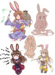  alternate_costume animal_ears bird blush bunny_ears bunny_girl bunny_tail chopsticks closed_eyes cup dual_persona food glasses han_megumi highres iesupa kagari_atsuko little_witch_academia owl plate pout rwby school_uniform seiyuu_connection sushi sweatdrop tail teacup velvet_scarlatina 