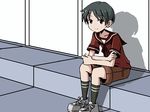  adrian_ferrer black_eyes black_hair collarbone commentary kantai_collection mogami_(kantai_collection) reverse_trap sailor_collar shadow shoes short_hair shorts sitting sneakers socks solo tomboy 