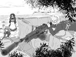  commentary dress frills g36k gun holding holding_gun holding_weapon horizon kirin_(parko) long_hair lying machine_gun maid maid_apron maid_headdress original outdoors rifle short_hair skirt sleeping submachine_gun teapot weapon 