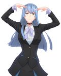  arms_up blue_hair breasts choker fateline_alpha frilled_sleeves frills grey_eyes highres kiznaiver large_breasts long_hair neck_ribbon parted_lips ribbon solo sonozaki_noriko upper_body white_background 