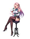  alcohol artist_request bare_shoulders black_legwear bow bowtie breasts brown_eyes chair crossed_legs cup detached_sleeves drinking_glass earrings garter_straps hair_ornament high_heels holding jewelry long_hair looking_at_viewer luna_princess medium_breasts miniskirt official_art pink_hair simple_background sitting skirt sleeveless smile solo tenshi_mikadokuni thighhighs white_background wine wine_glass wrist_cuffs zettai_ryouiki 