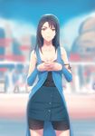 arm_warmers bare_shoulders bike_shorts black_hair blurry breasts brown_eyes buttons cleavage day depth_of_field detached_sleeves fateline_alpha final_fantasy final_fantasy_viii highres long_hair medium_breasts rinoa_heartilly sleeveless_duster smile solo thighs 