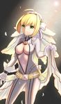  ahoge bad_id bad_pixiv_id belt blonde_hair bodysuit breasts bridal_veil cape center_opening chain cleavage fate/extella fate/extra fate_(series) gloves green_eyes highres holding_cape lock looking_at_viewer medium_breasts navel nero_claudius_(bride)_(fate) nero_claudius_(fate)_(all) padlock short_hair smile tight type-moon unzipped veil waist_cape white_gloves wide_sleeves xue_fengzi 