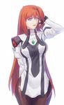  blue_eyes breasts elhaym_van_houten fateline_alpha hand_in_hair highres large_breasts lips long_hair pantyhose parted_lips red_hair solo white_background xenogears 