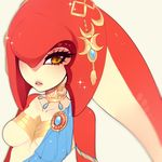  blush breasts fins fish_girl hair_ornament jewelry long_hair looking_at_viewer mipha monster_girl multicolored multicolored_skin necklace no_eyebrows red_hair red_skin savannah_(yugino) small_breasts solo the_legend_of_zelda the_legend_of_zelda:_breath_of_the_wild white_skin yellow_eyes zora 