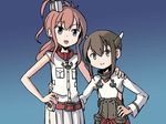  adrian_ferrer alternate_breast_size arm_around_waist brown_eyes brown_hair commentary flat_chest gradient gradient_background grey_eyes headgear kantai_collection light_brown_hair multiple_girls open_mouth pleated_skirt saratoga_(kantai_collection) skirt smile taihou_(kantai_collection) 