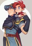  armor blue_eyes blue_hair cape carrying fingerless_gloves fire_emblem fire_emblem:_fuuin_no_tsurugi fire_emblem:_monshou_no_nazo gloves male_focus marth meep multiple_boys red_hair roy_(fire_emblem) smile super_smash_bros. tiara younger 