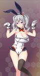  adapted_costume alternate_eye_color animal_ears black_legwear blue_skirt blush breasts bunny_ears bunny_girl bunnysuit cleavage fake_animal_ears gloves highres kantai_collection kashima_(kantai_collection) large_breasts long_hair miniskirt purple_eyes silver_hair single_thighhigh skirt smile solo sweat thighhighs two_side_up white_gloves zaxwu 