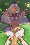  altera_(fate) ass_visible_through_thighs blush choker dark_skin fate/extella fate/extra fate_(series) from_above grass highres looking_at_viewer lying navel on_back on_grass outstretched_arms purple_hair red_eyes solo thighs xue_fengzi 